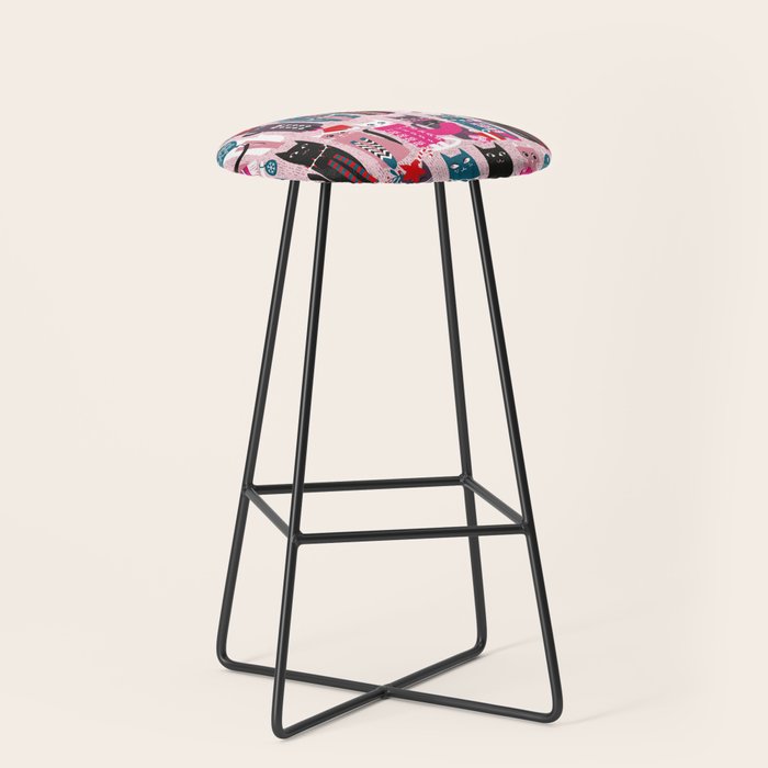 Feline Christmas vibes // pastel pink background green fuchsia pink white and black kittens Stool Gallery Image 1