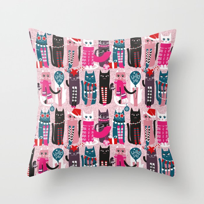 Feline Christmas vibes // pastel pink background green fuchsia pink white and black kittens Throw Pillow Gallery Image 6