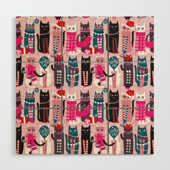 Feline Christmas vibes // pastel pink background green fuchsia pink white and black kittens Wood Wall Art Gallery Image 1