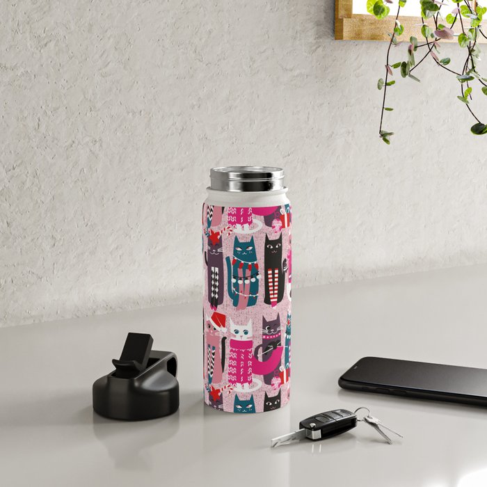 Feline Christmas vibes // pastel pink background green fuchsia pink white and black kittens Water Bottle Gallery Image 4