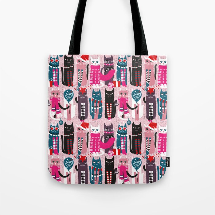 Feline Christmas vibes // pastel pink background green fuchsia pink white and black kittens Tote Bag Gallery Image 1