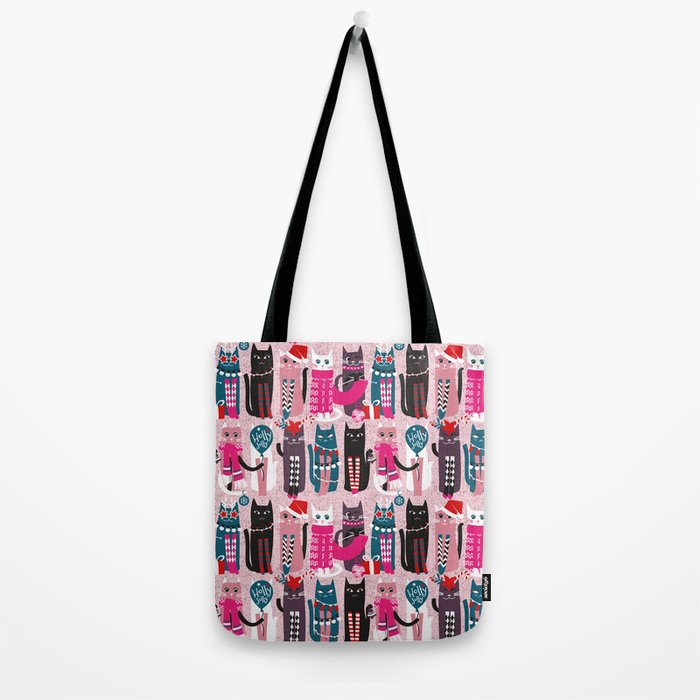 Feline Christmas vibes // pastel pink background green fuchsia pink white and black kittens Tote Bag Gallery Image 2
