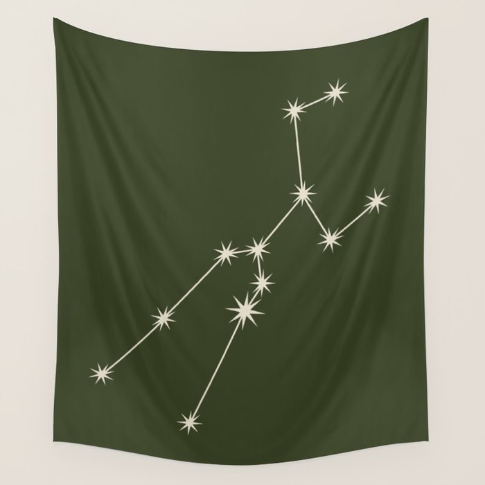 Taurus Zodiac Star Constellation Line Art Moss Green Wall Tapestry Gallery Image 1