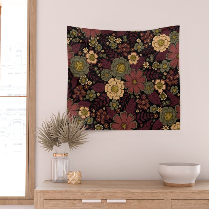 Classy Burgundy, Cream & Sage Green Floral Pattern Wall Tapestry Gallery Image 2