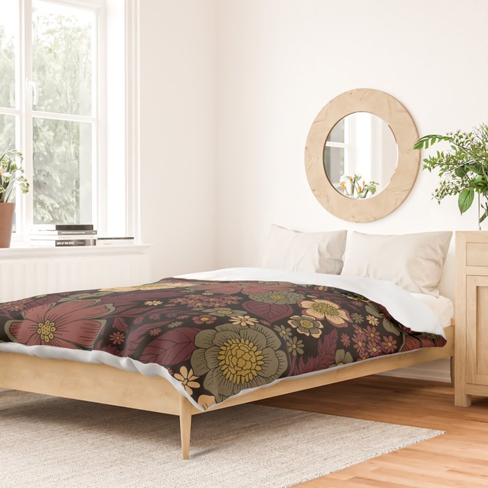 Classy Burgundy, Cream & Sage Green Floral Pattern Duvet Cover Gallery Image 2