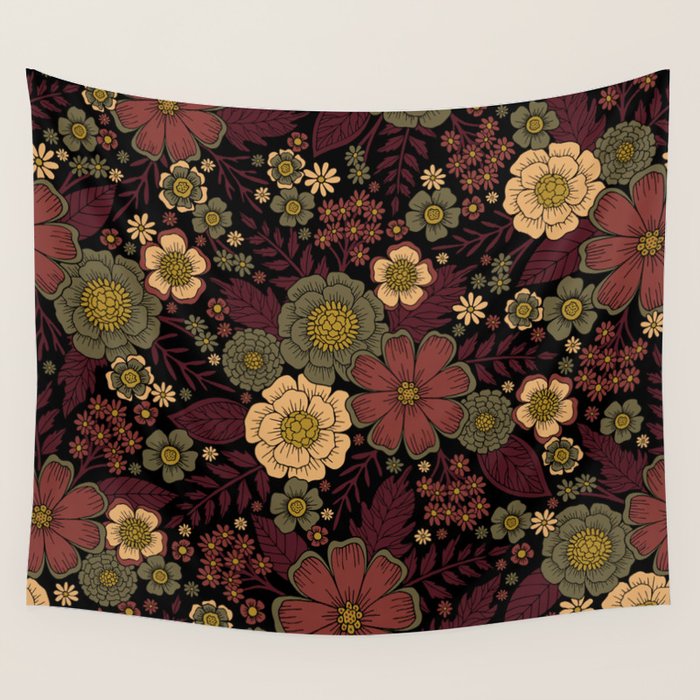 Classy Burgundy, Cream & Sage Green Floral Pattern Wall Tapestry Gallery Image 1