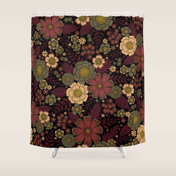 Classy Burgundy, Cream & Sage Green Floral Pattern Shower Curtain Gallery Image 1