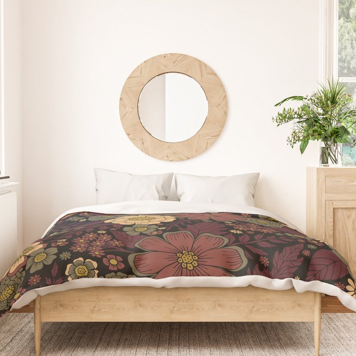 Classy Burgundy, Cream & Sage Green Floral Pattern Duvet Cover Gallery Image 3
