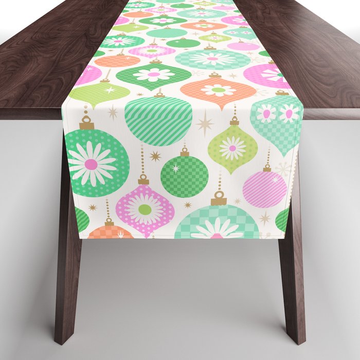 Happy Holidays Retro Ornaments - Pink & Green Table Runner Gallery Image 1
