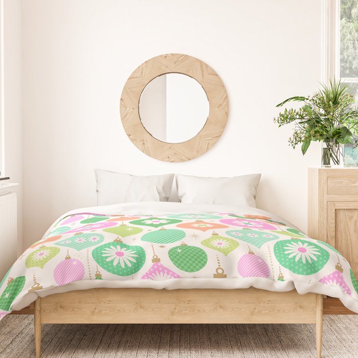 Happy Holidays Retro Ornaments - Pink & Green Duvet Cover Gallery Image 3