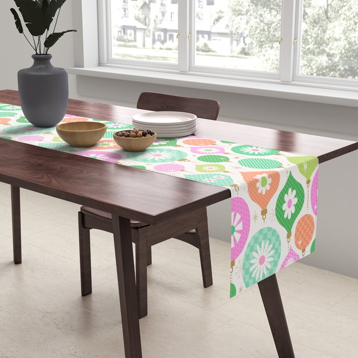 Happy Holidays Retro Ornaments - Pink & Green Table Runner Gallery Image 2