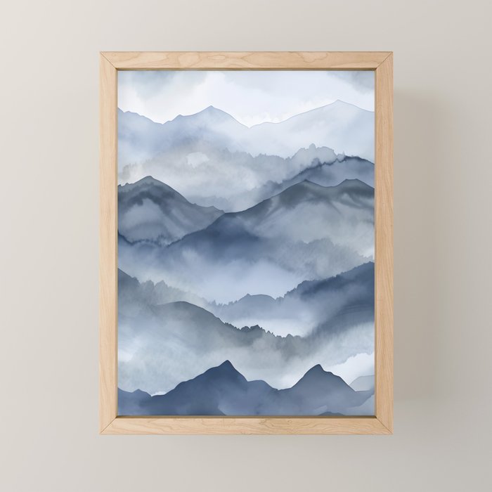 Foggy Mountains Wanderlust Blue Boho Mini Art Print Gallery Image 1