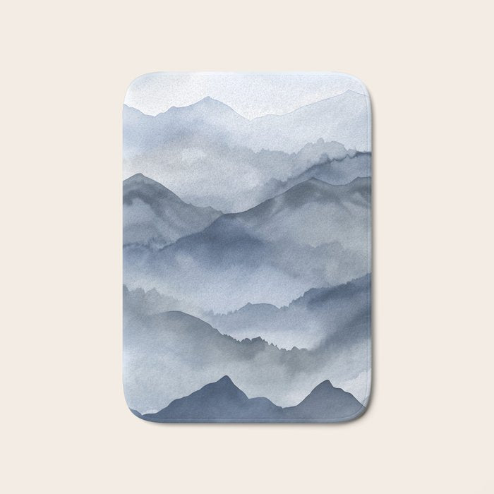 Foggy Mountains Wanderlust Blue Boho Bath Mat Gallery Image 1