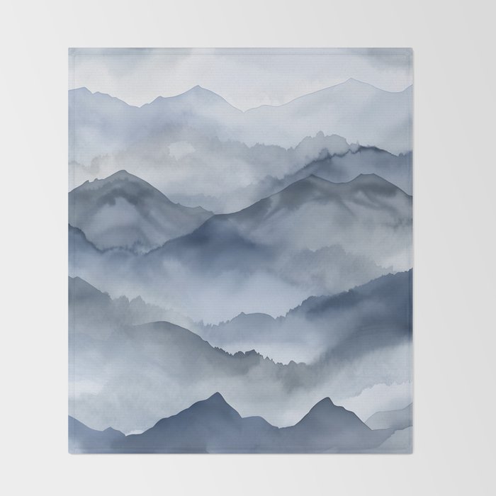 Foggy Mountains Wanderlust Blue Boho Throw Blanket Gallery Image 2