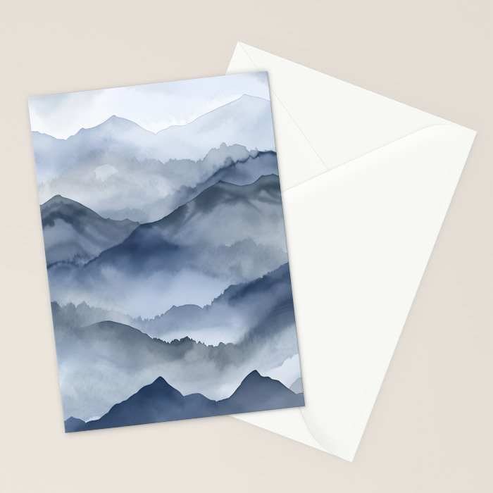 Foggy Mountains Wanderlust Blue Boho Stationery Card Gallery Image 2