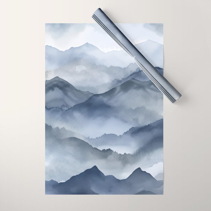 Foggy Mountains Wanderlust Blue Boho Wrapping Paper Gallery Image 1