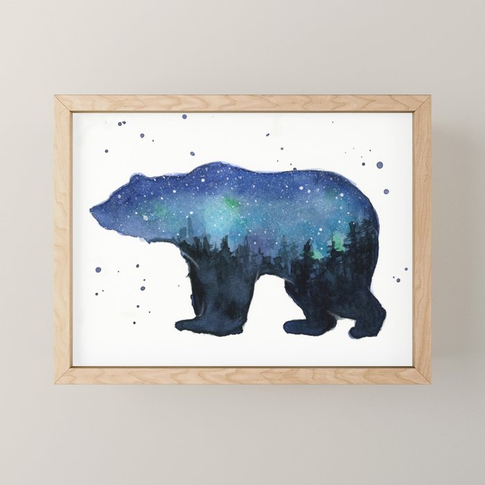 Forest Bear Silhouette Watercolor Galaxy Mini Art Print Gallery Image 1