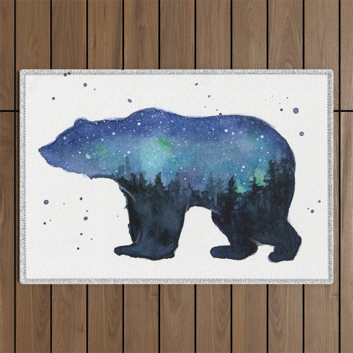 Forest Bear Silhouette Watercolor Galaxy Outdoor Rug Gallery Image 1