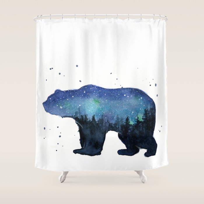 Forest Bear Silhouette Watercolor Galaxy Shower Curtain Gallery Image 1