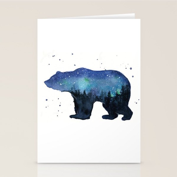 Forest Bear Silhouette Watercolor Galaxy Stationery Card Gallery Image 1