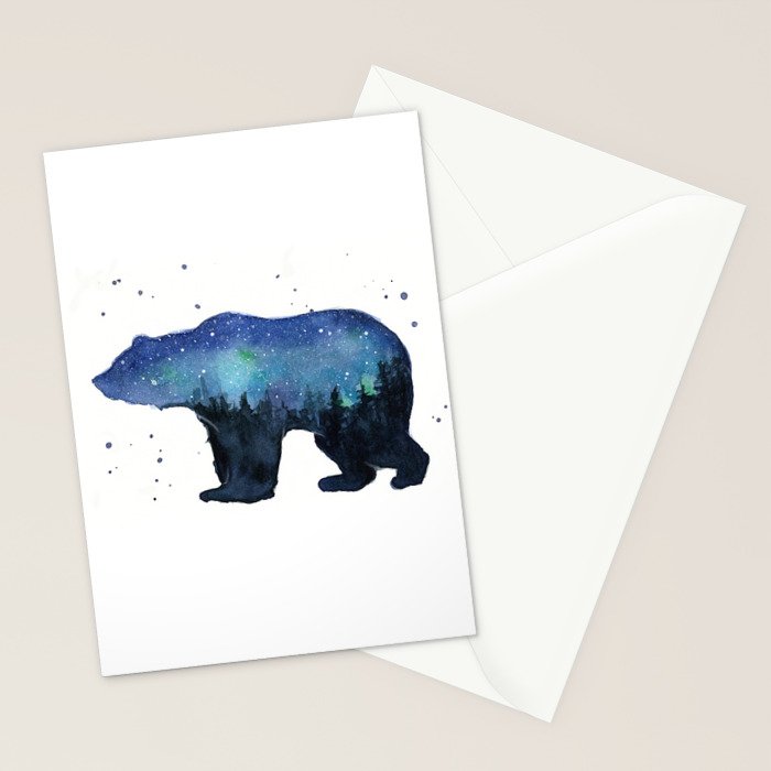 Forest Bear Silhouette Watercolor Galaxy Stationery Card Gallery Image 2