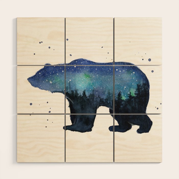Forest Bear Silhouette Watercolor Galaxy Wood Wall Art Gallery Image 1