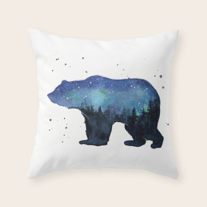 Forest Bear Silhouette Watercolor Galaxy Throw Pillow Gallery Image 6
