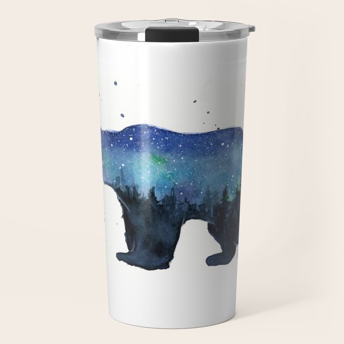 Forest Bear Silhouette Watercolor Galaxy Travel Mug Gallery Image 1