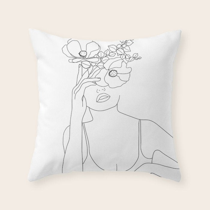 Minimal Line Art Woman with Flowers II Throw Pillow Gallery Image 6