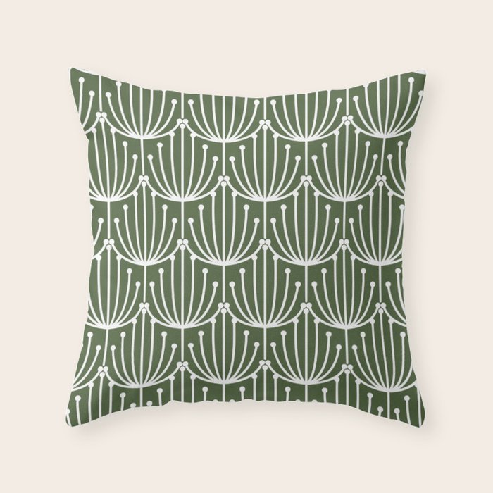 Retro Art, Floral Prints, Dark Green and White Throw Pillow Gallery Image 1