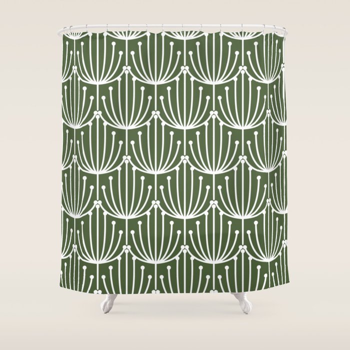 Retro Art, Floral Prints, Dark Green and White Shower Curtain Gallery Image 1