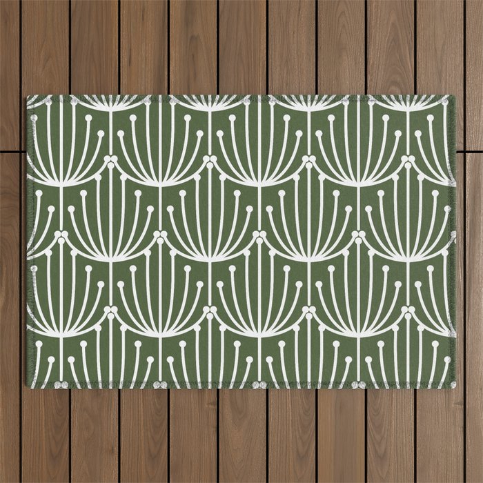 Retro Art, Floral Prints, Dark Green and White Outdoor Rug Gallery Image 1