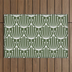 Retro Art, Floral Prints, Dark Green and White Outdoor Rug Gallery Image 1