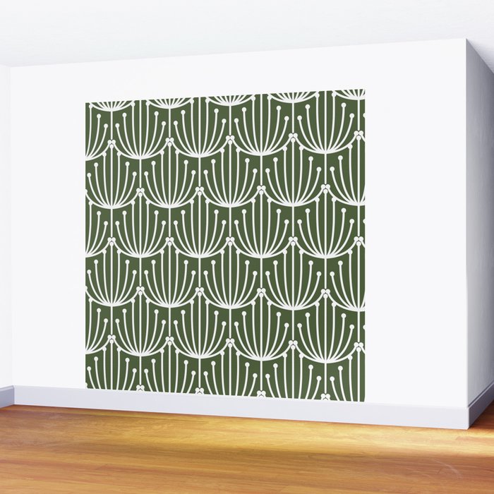 Retro Art, Floral Prints, Dark Green and White Wall Mural Gallery Image 2