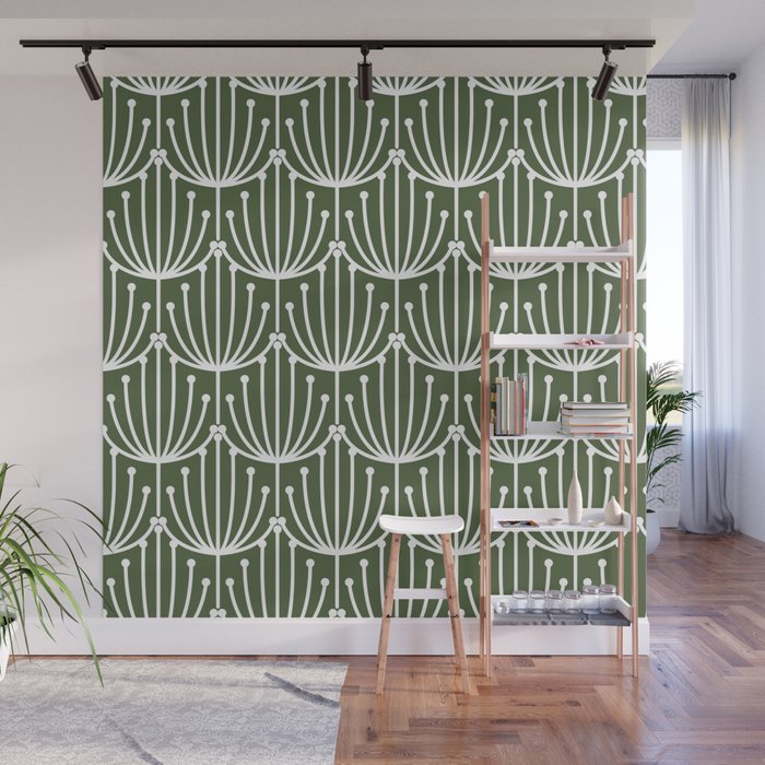 Retro Art, Floral Prints, Dark Green and White Wall Mural Gallery Image 1