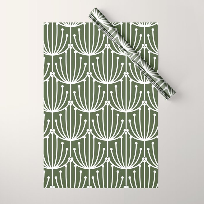Retro Art, Floral Prints, Dark Green and White Wrapping Paper Gallery Image 1