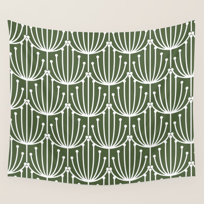Retro Art, Floral Prints, Dark Green and White Wall Tapestry Gallery Image 4