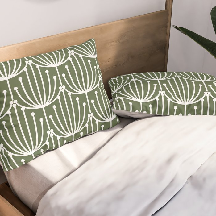 Retro Art, Floral Prints, Dark Green and White Pillow Sham Gallery Image 2