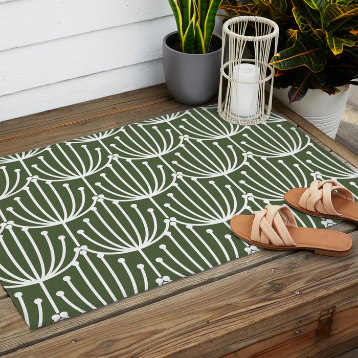 Retro Art, Floral Prints, Dark Green and White Outdoor Rug Gallery Image 2