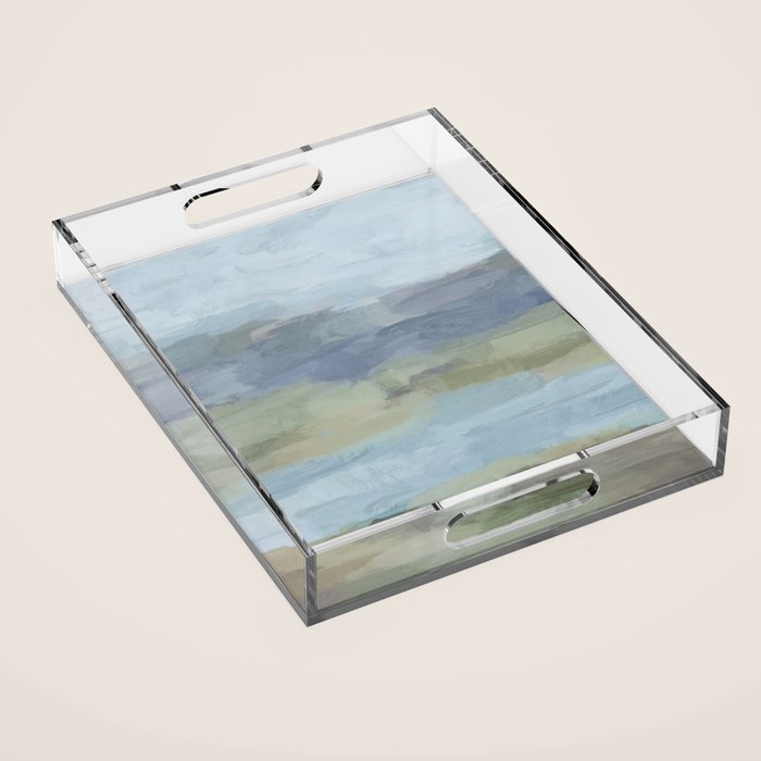 Summer at the Lake I - Sky Gray Blue Sage Green Abstract Wall Art, Painting Art Nature Modern Acrylic Tray Gallery Image 1