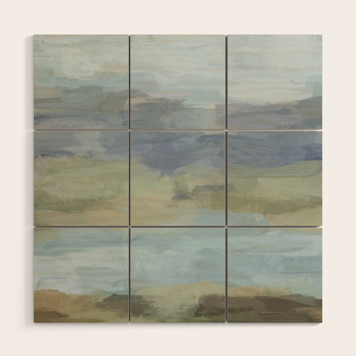 Summer at the Lake I - Sky Gray Blue Sage Green Abstract Wall Art, Painting Art Nature Modern Wood Wall Art Gallery Image 1