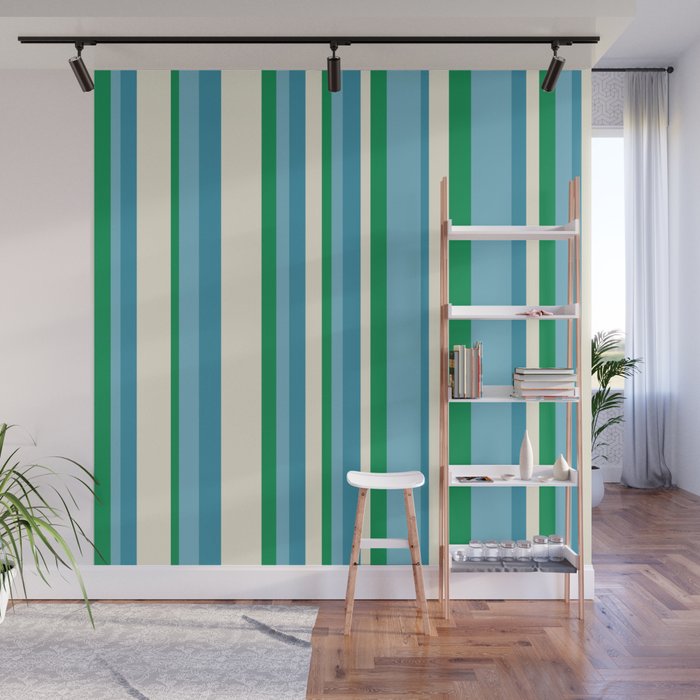 Classic Stripes XXVII - Beachy Blue and Green Wall Mural Gallery Image 1