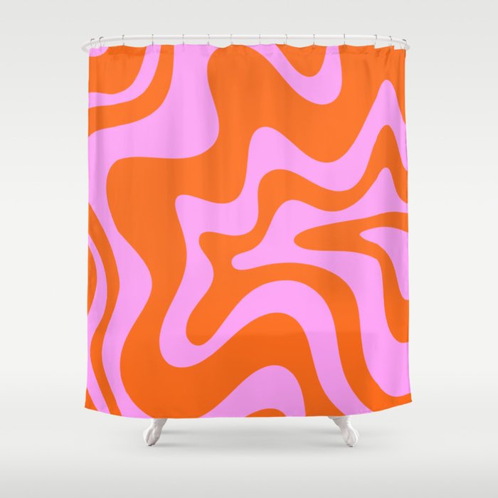 Retro Liquid Swirl Abstract Pattern in Hot Pink and Red-Orange Shower Curtain Gallery Image 1