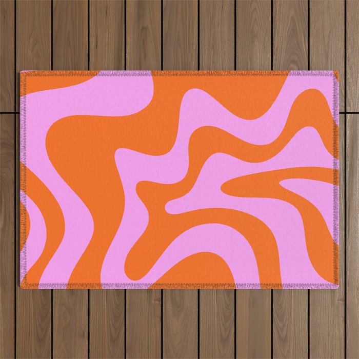 Retro Liquid Swirl Abstract Pattern in Hot Pink and Red-Orange Outdoor Rug Gallery Image 1