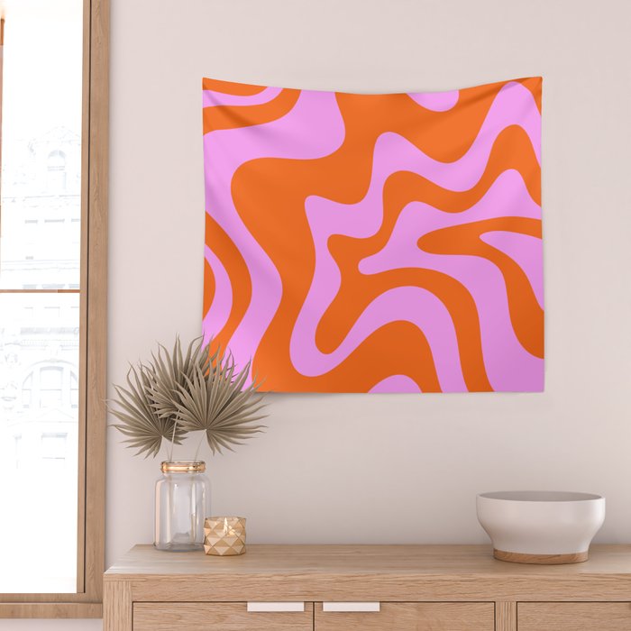 Retro Liquid Swirl Abstract Pattern in Hot Pink and Red-Orange Wall Tapestry Gallery Image 2