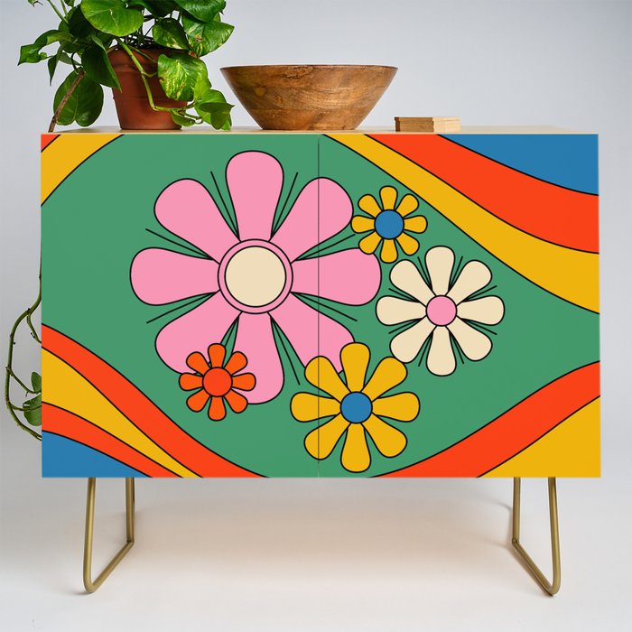 Groovy Floral Daydream Colorful Retro 60s 70s Flowers Credenza Gallery Image 1
