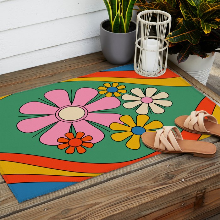 Groovy Floral Daydream Colorful Retro 60s 70s Flowers Outdoor Rug Gallery Image 2