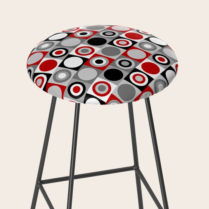 Mid Century Modern Geometric Square and Circle Pattern // Red, Gray, Black and White Stool Gallery Image 2