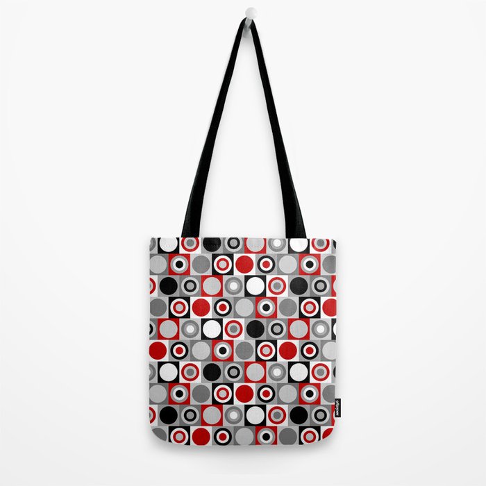 Mid Century Modern Geometric Square and Circle Pattern // Red, Gray, Black and White Tote Bag Gallery Image 2