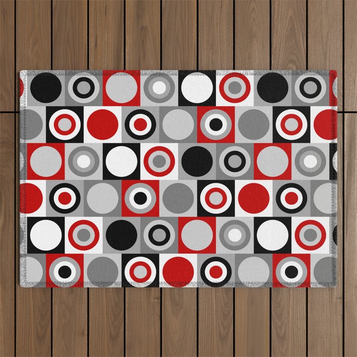 Mid Century Modern Geometric Square and Circle Pattern // Red, Gray, Black and White Outdoor Rug Gallery Image 1